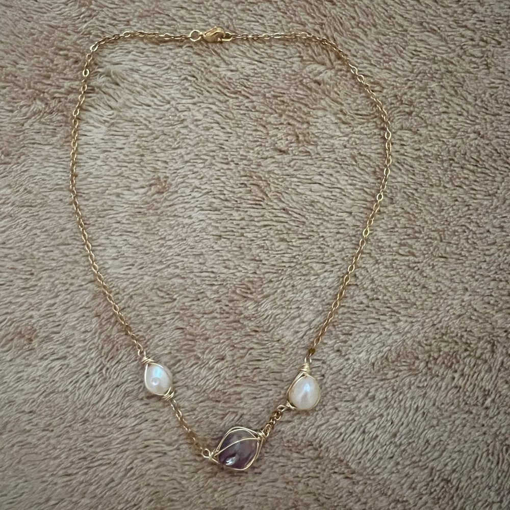 🌊Custom Aura Amethyst & Pearl Choker (15") - Picture 3 of 14